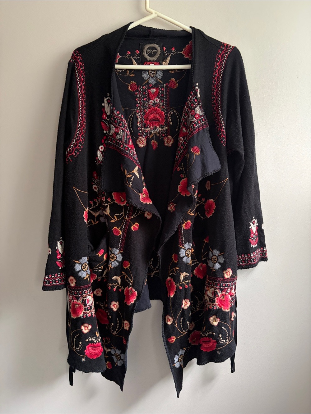 Johnny Was Biya Embroidered Black Open-Front Women's Duster Cardigan